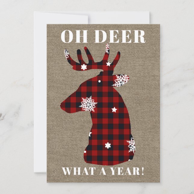 Rustic Burlap Plaid Snowflake Oh Deer Christmas Holiday Card (Front)