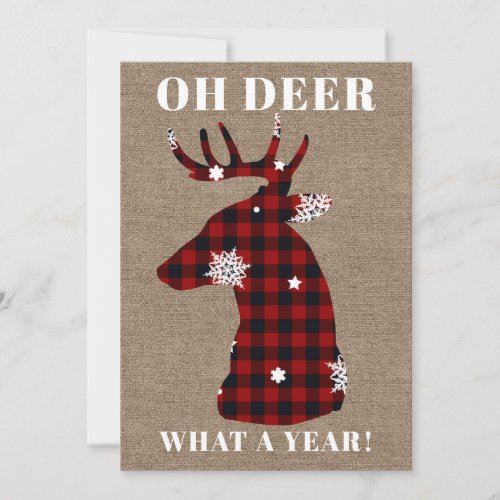 Rustic Burlap Plaid Snowflake Oh Deer Christmas Holiday Card