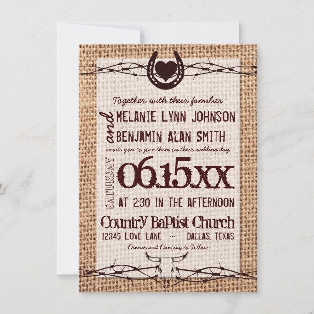 Rustic Burlap Print Barbed Wire Wedding Invitation (Front)