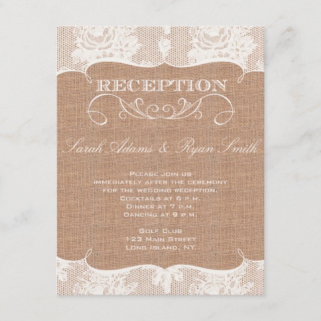 Rustic Burlap Print & Lace Reception Invitation (Front)