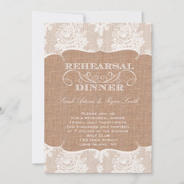 Rustic Burlap Print & Lace Rehearsal Dinner Invitation (Front)