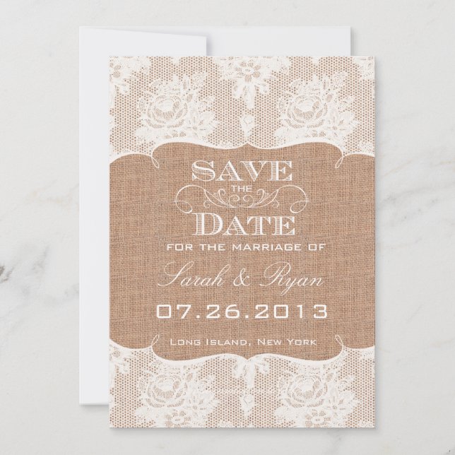 Rustic Burlap Print & Lace Save the Date (Front)