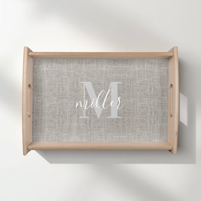 Rustic Burlap Print Monogram Family Name Wood Serving Tray (Creator Uploaded)