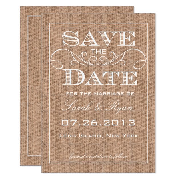 Rustic Burlap Print Save The Date Announcement