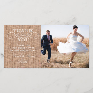 Rustic Burlap Print Wedding Photo Thank You Cards