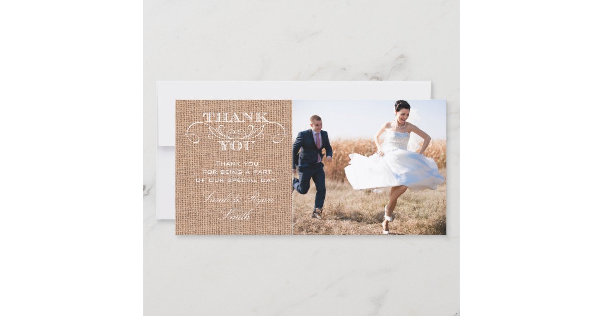 Rustic Burlap Print Wedding Photo Thank You Cards | Zazzle