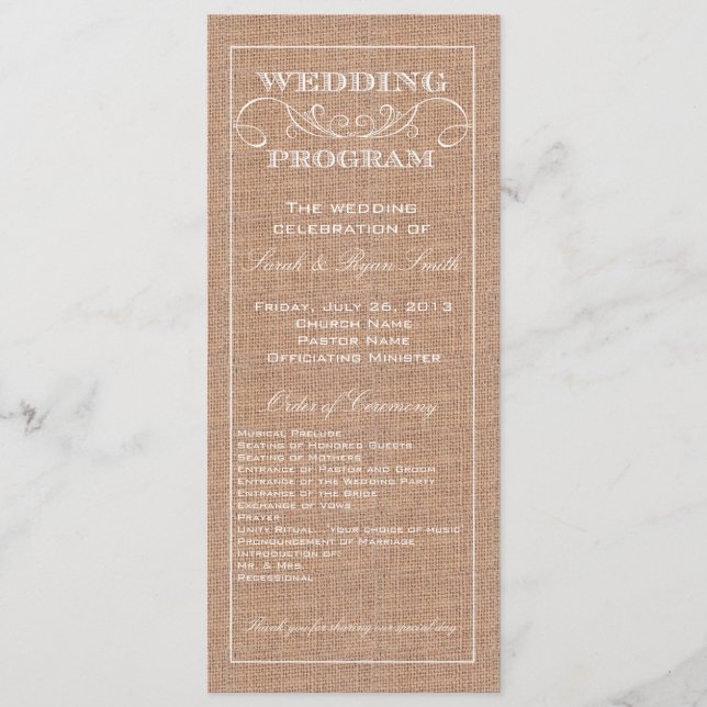Rustic Burlap Print Wedding Program (Front)