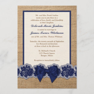Rustic Burlap, PRINTED Lace, Bow Wedding Invite