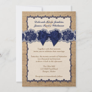 Rustic Burlap, PRINTED Lace, Bow Wedding Invite 2