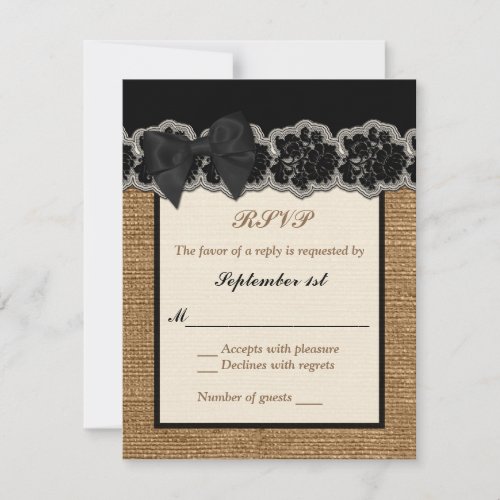 Rustic Burlap PRINTED Lace Bow Wedding RSVP Card