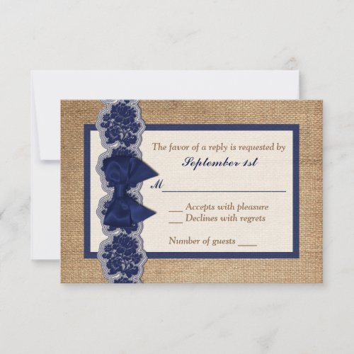 Rustic Burlap, PRINTED Lace, Bow Wedding RSVP Card