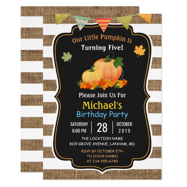 Rustic Burlap Pumpkin Fall Kid's Birthday Party Invitation