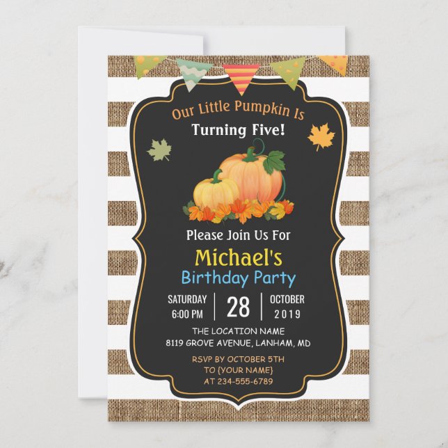 Rustic Burlap Pumpkin Fall Kid's Birthday Party Invitation (Front)