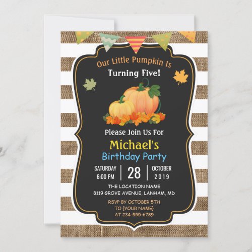Rustic Burlap Pumpkin Fall Kids Birthday Party Invitation