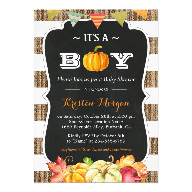 Rustic Burlap Pumpkin It's A Boy Fall Baby Shower Invitation