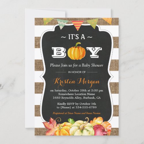 Rustic Burlap Pumpkin Its A Boy Fall Baby Shower Invitation