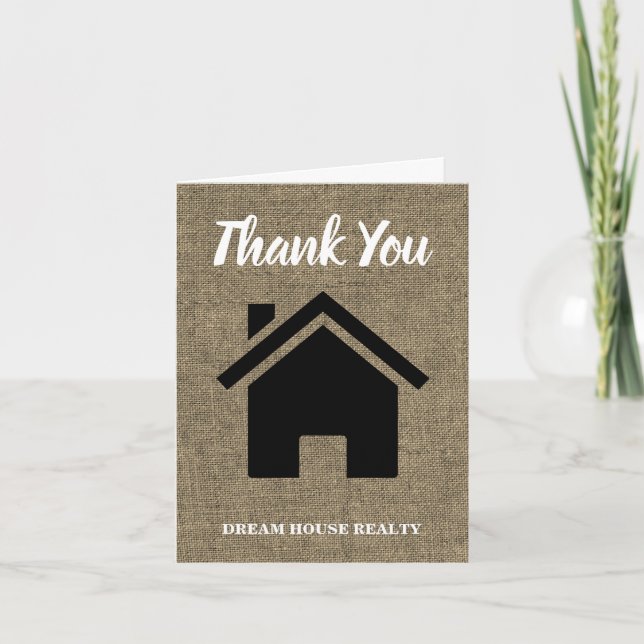 Rustic Burlap Real Estate Agent   Letterpress Thank You Card (Front)