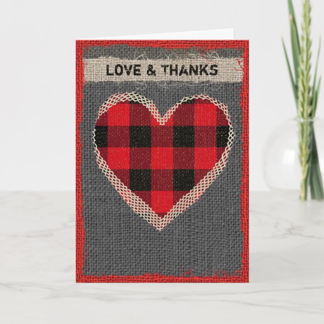 Rustic Burlap Red and Black Buffalo Plaid Heart Thank You Card (Front)