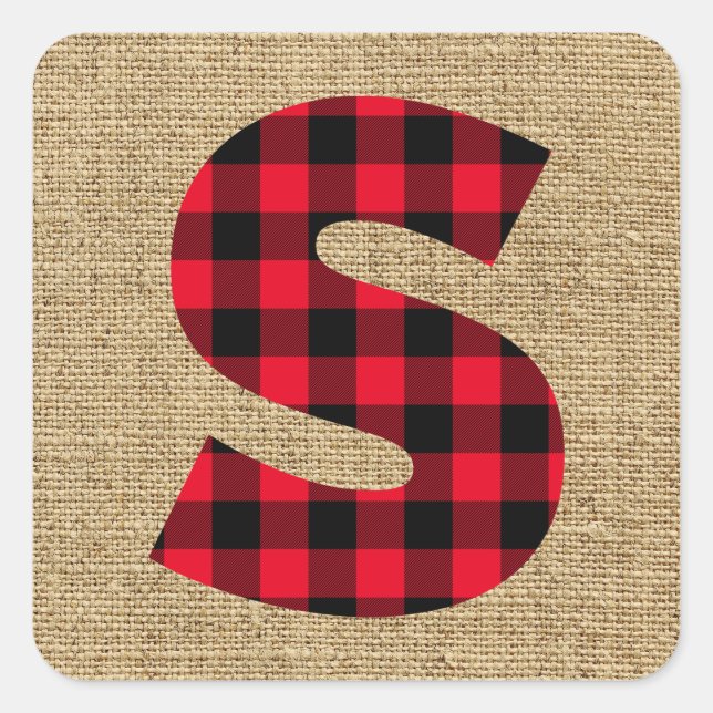 Rustic Burlap Red and Black Buffalo Plaid Monogram Square Sticker (Front)