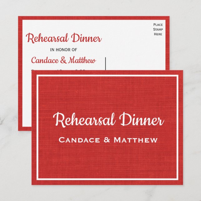 Rustic Burlap Red Country Rehearsal Dinner Invitation Postcard (Front/Back)