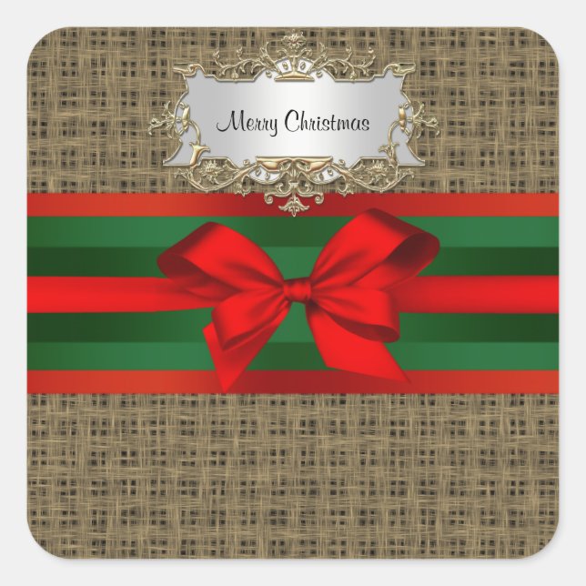 Rustic Burlap Red Green Bow Ribbon Square Sticker (Front)