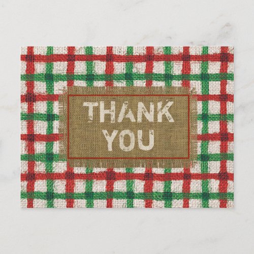 Rustic Burlap Red Green Plaid Holiday Thank You Postcard