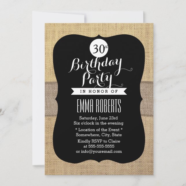 Rustic Burlap Ribbon 30th Birthday Party Invitation (Front)