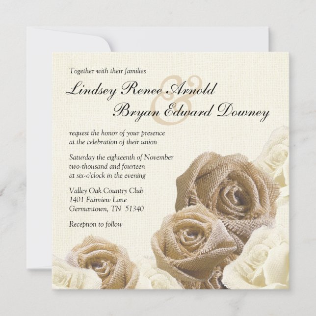 Rustic Burlap Rose Flowers Wedding Invitation (Front)
