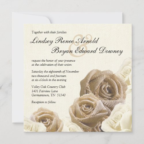 Rustic Burlap Rose Flowers Wedding Invitation