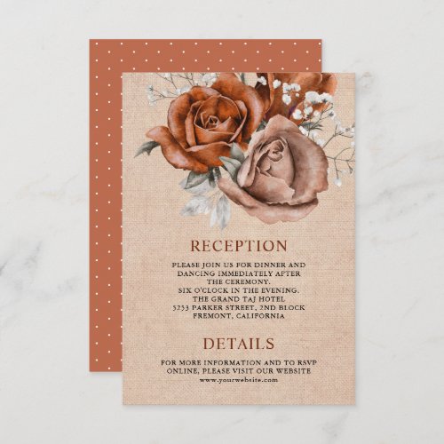 Rustic Burlap Rose Terracotta Wedding Details Enclosure Card