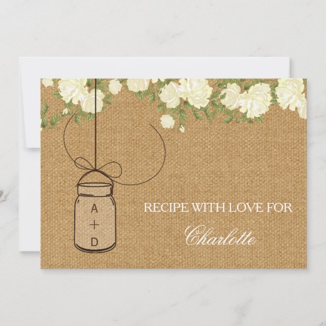Rustic Burlap Roses bridal shower recipe cards (Front)