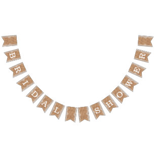 Rustic Burlap Sack with White Lace. Bridal Shower. Bunting Flags