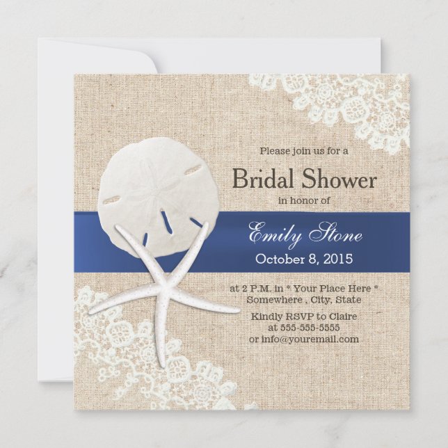 Rustic Burlap Sand Dollar & Starfish Bridal Shower Invitation (Front)