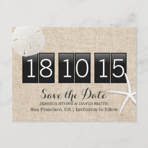 Rustic Burlap Sand Dollar & Starfish Save the Date Announcement Postcard