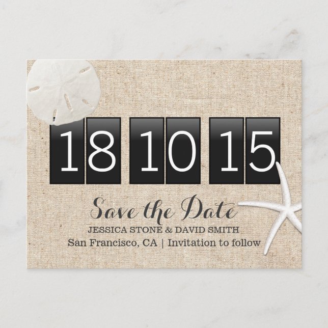 Rustic Burlap Sand Dollar & Starfish Save the Date Announcement Postcard (Front)