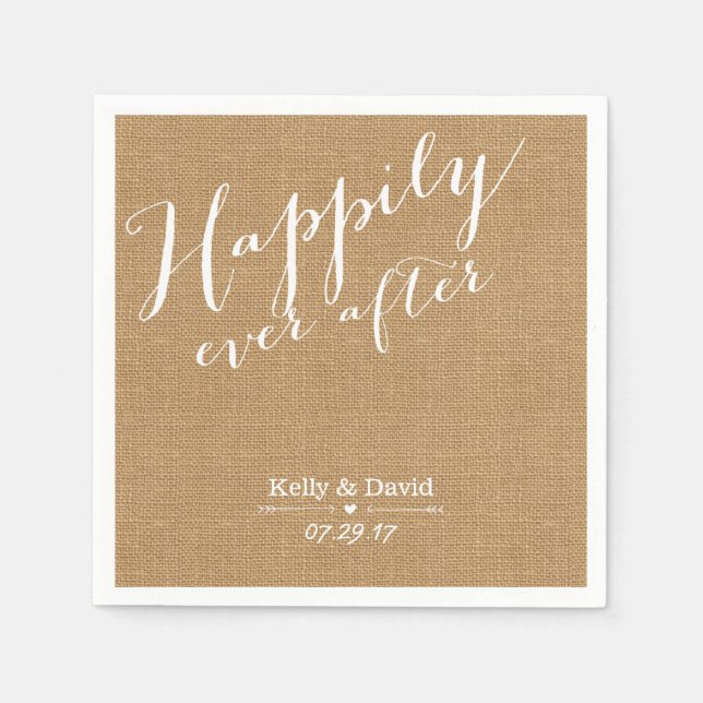 Rustic Burlap Script Happily Ever After Wedding Paper Napkins (Front)