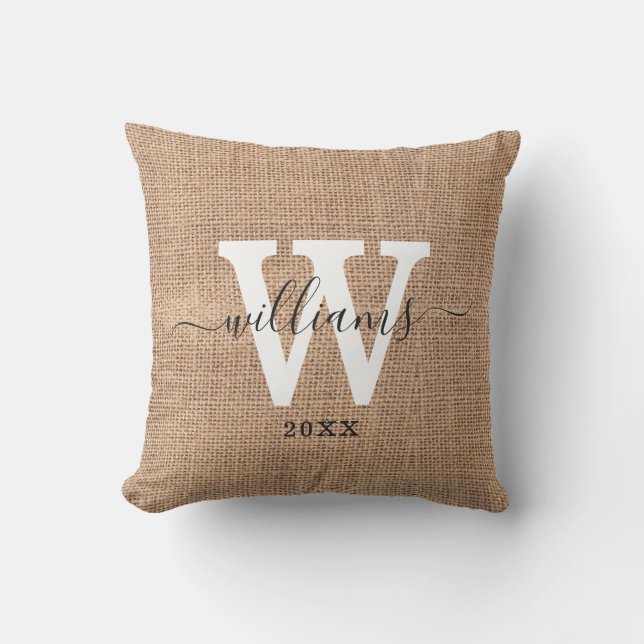 Rustic Burlap Script Name Family Monogram Initial Outdoor Pillow (Front)
