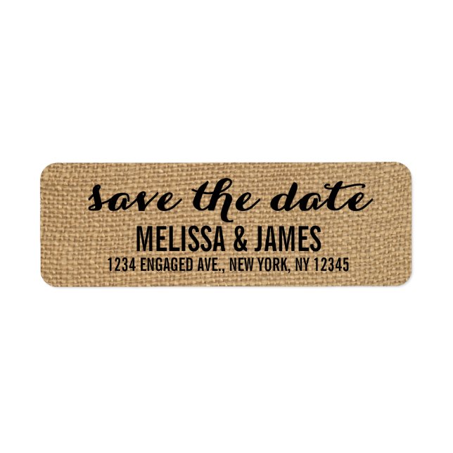 Rustic Burlap Script Save the Date Label (Front)