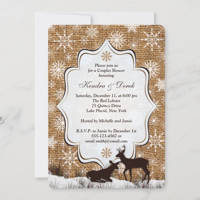 Rustic Burlap Snowflake Deer Couples Shower Invite (Front)