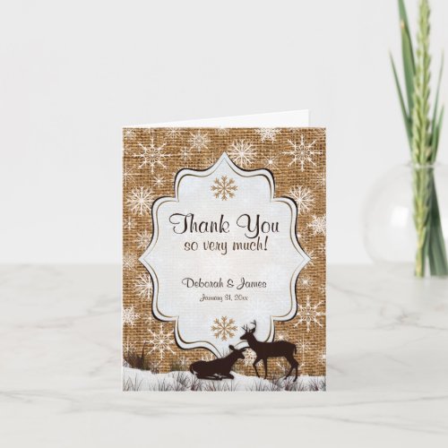 Rustic Burlap Snowflakes Deer PHOTO Thank You Card