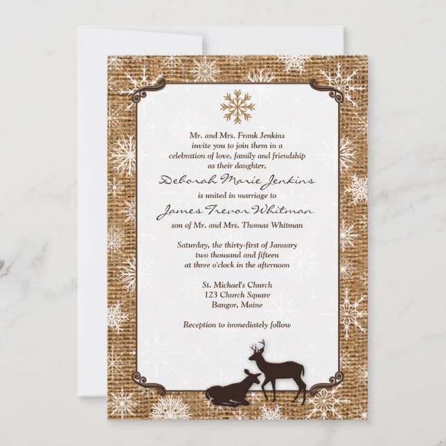 Rustic Burlap, Snowflakes & Deer Wedding Invite 2 (Front)