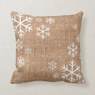 Rustic Burlap Snowflakes Plaid Holiday Pillow