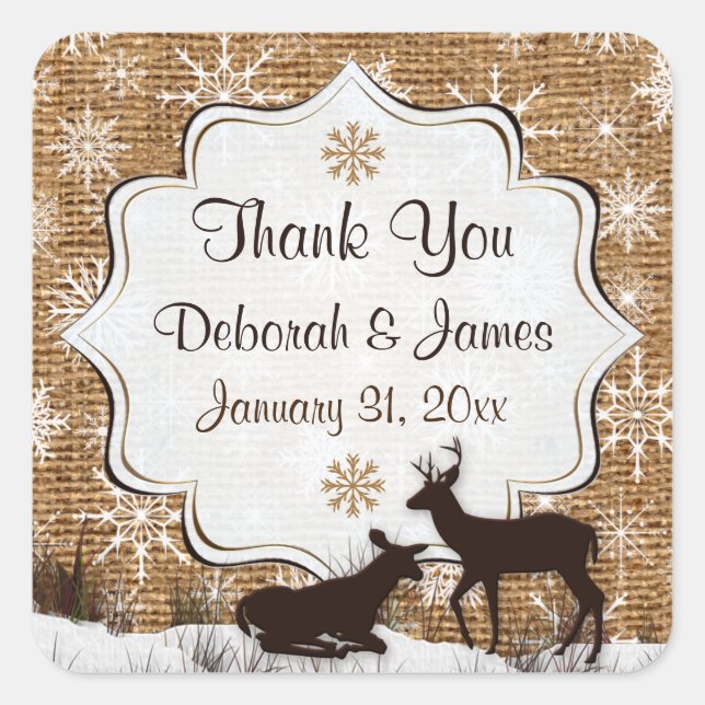 Rustic Burlap, Snowflakes Wedding Favor Sticker 2 (Front)