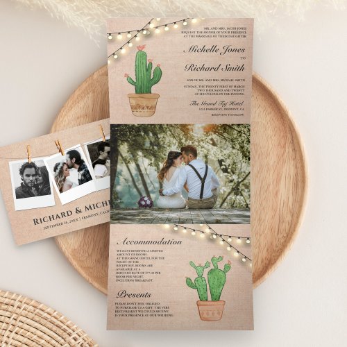 Rustic Burlap String Lights Desert Cactus Wedding Tri_Fold Invitation