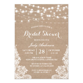 Rustic Burlap String Lights Lace Bridal Shower Card