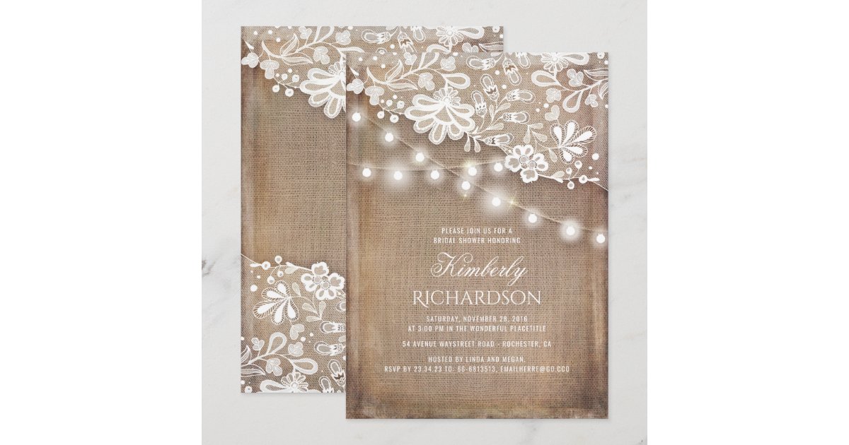 Rustic Burlap String Lights Lace Bridal Shower Invitation | Zazzle