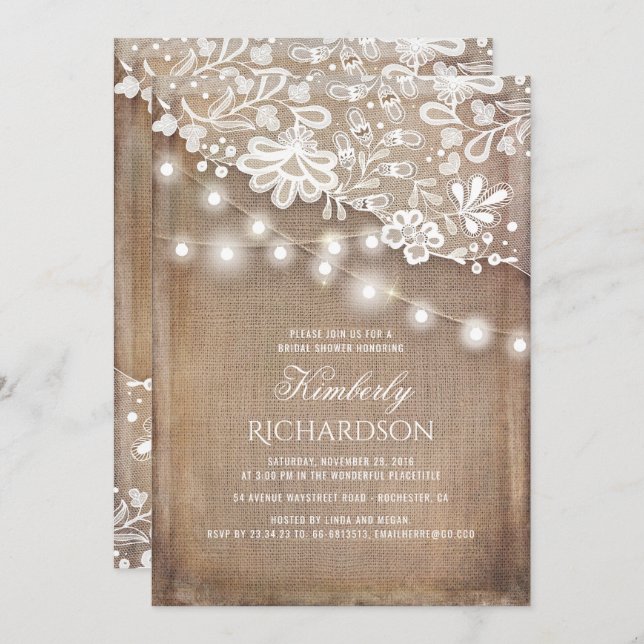 Rustic Burlap String Lights Lace Bridal Shower Invitation (Front/Back)
