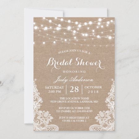 Rustic Burlap String Lights Lace Bridal Shower Invitation