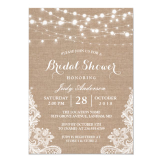 Rustic Burlap String Lights Lace Bridal Shower Invitation