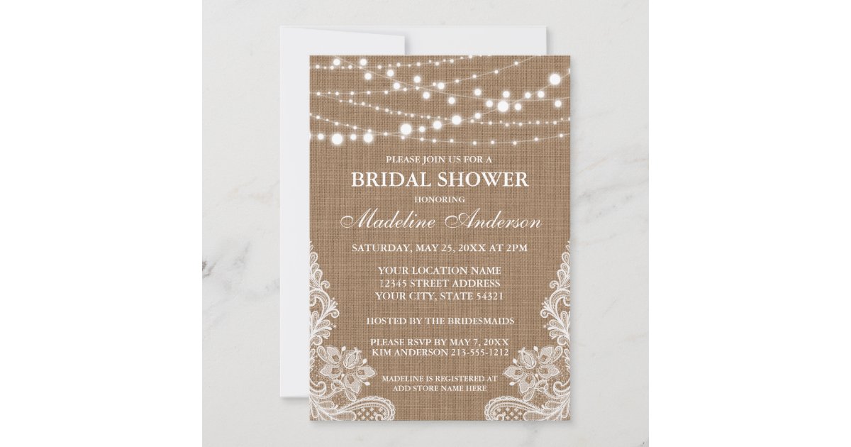 Rustic Burlap String Lights Lace Bridal Shower Invitation | Zazzle